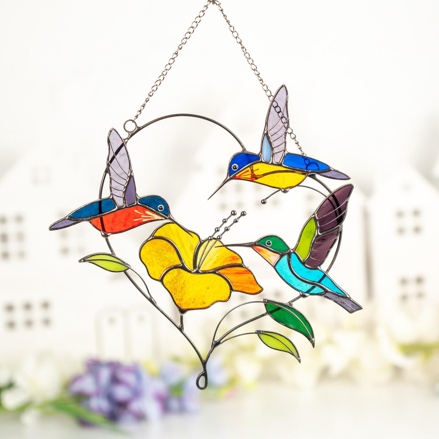 Stained glass hummingbird suncatcher Gifts for grandma Custom stained glass window hangings Hummingbird gifts Hibiscus plant - Image 12