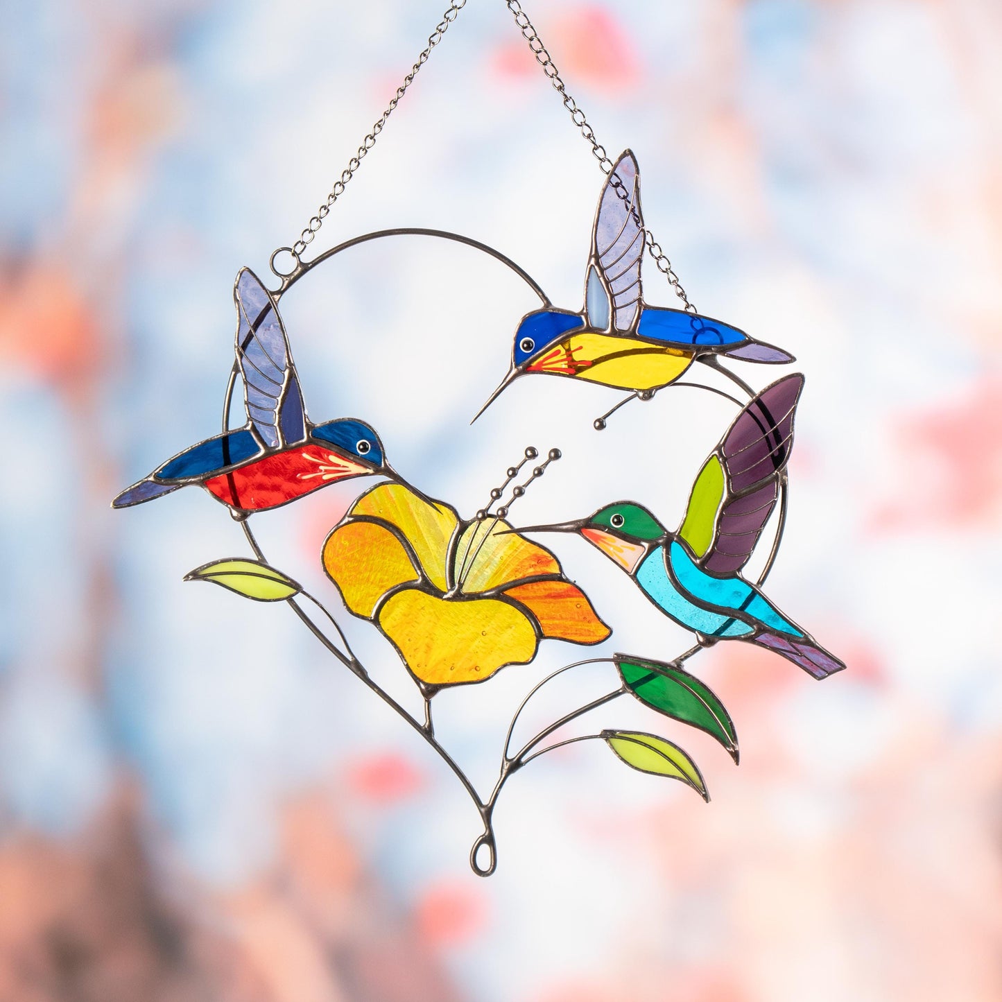 Stained glass hummingbird suncatcher Gifts for grandma Custom stained glass window hangings Hummingbird gifts Hibiscus plant - Image 13