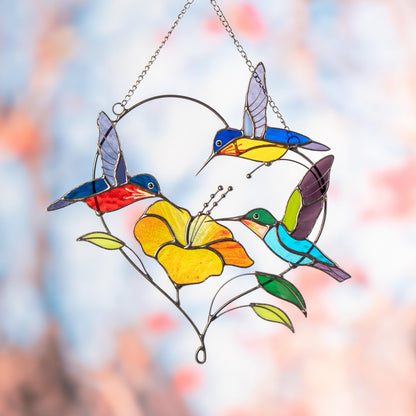 Stained glass hummingbird suncatcher Gifts for grandma Custom stained glass window hangings Hummingbird gifts Hibiscus plant - Image 13