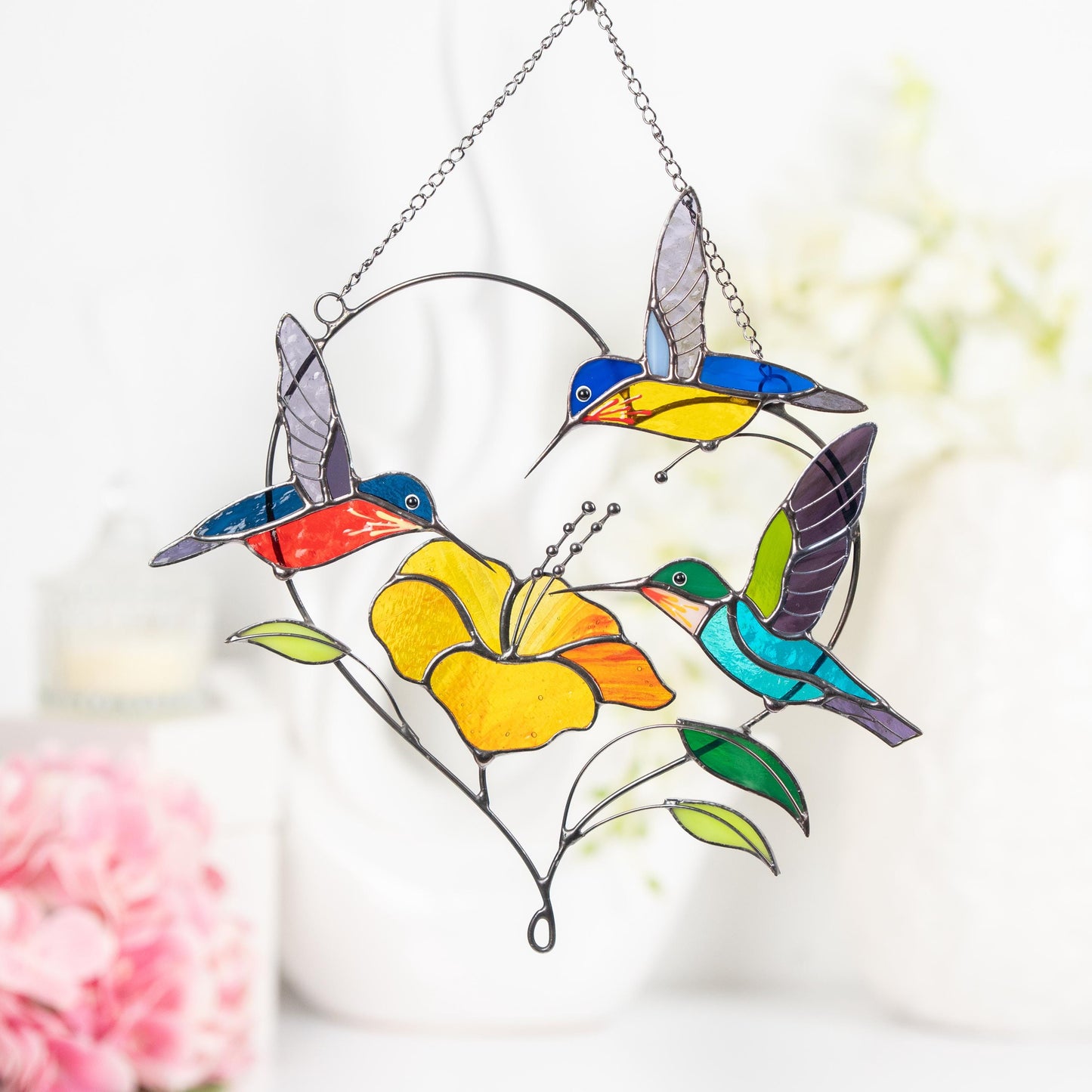 Stained glass hummingbird suncatcher Gifts for grandma Custom stained glass window hangings Hummingbird gifts Hibiscus plant - Image 11