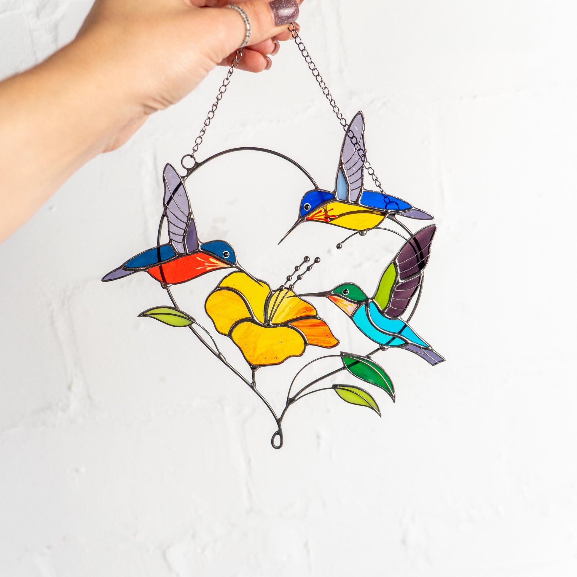 Stained glass hummingbird suncatcher Gifts for grandma Custom stained glass window hangings Hummingbird gifts Hibiscus plant - Image 10