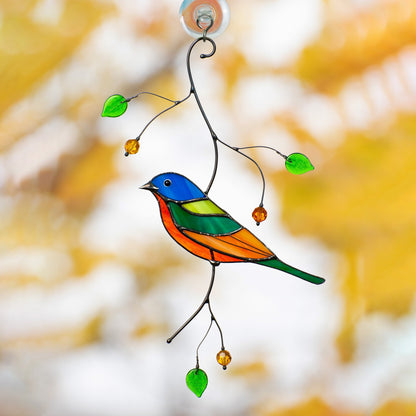 Painted bunting bird Stained glass suncatcher Porch decor Modern stained glass window hangings - Image 1