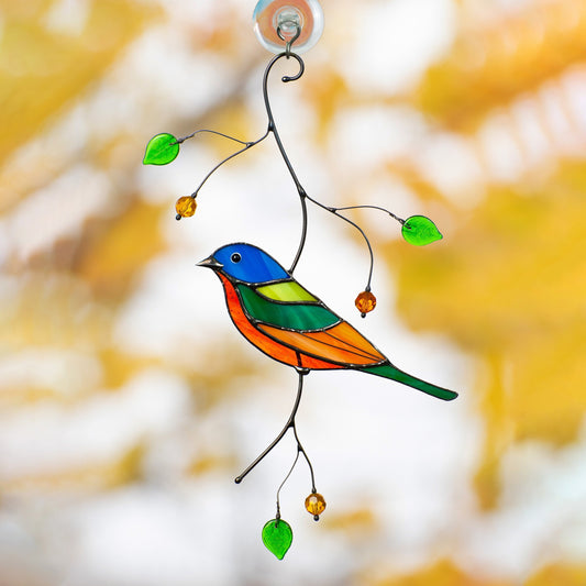 Painted bunting bird Stained glass suncatcher Porch decor Modern stained glass window hangings - Image 1