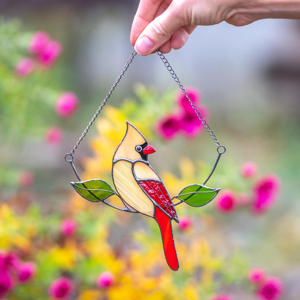 Stained glass cardinal bird Gift for dad Custom stained glass cardinal memorial ornament Stained glass window hangings Garden decoration - Image 15