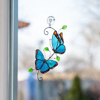 Blue Morpho butterfly stained glass window hangings Godmother gift Patio decor Yard art suncatcher - Image 8