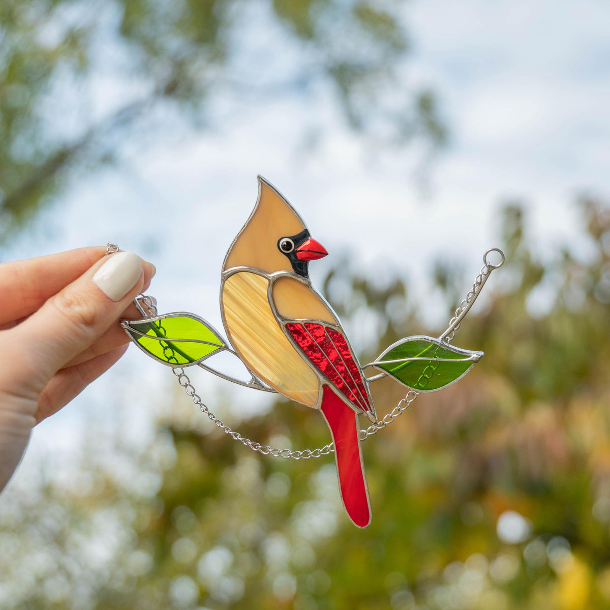 Stained glass cardinal bird Gift for dad Custom stained glass cardinal memorial ornament Stained glass window hangings Garden decoration - Image 17