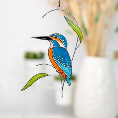 Kingfisher stained glass bird suncatcher Unique gift for mom Modern stained glass window hangings Kingfisher art - Image 5