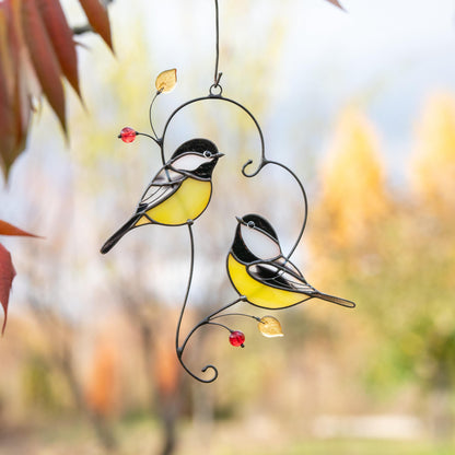 Couple of chickadees stained glass suncatcher Godmother gift Bird wall art - Image 17