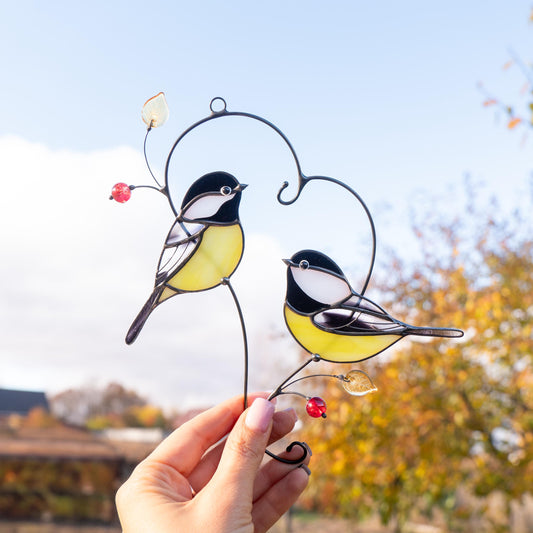 Couple of chickadees stained glass suncatcher Godmother gift Bird wall art - Image 7