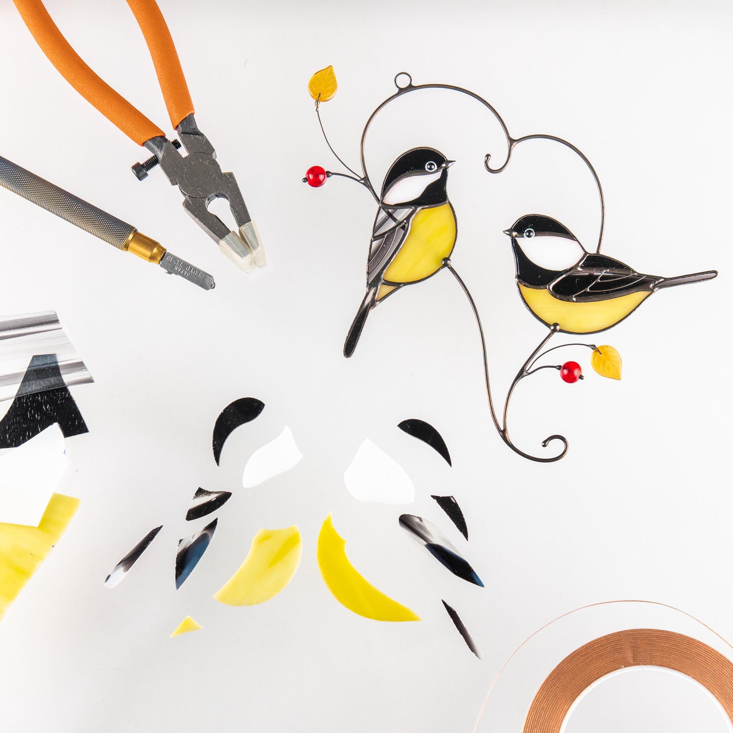 Couple of chickadees stained glass suncatcher Godmother gift Bird wall art - Image 10