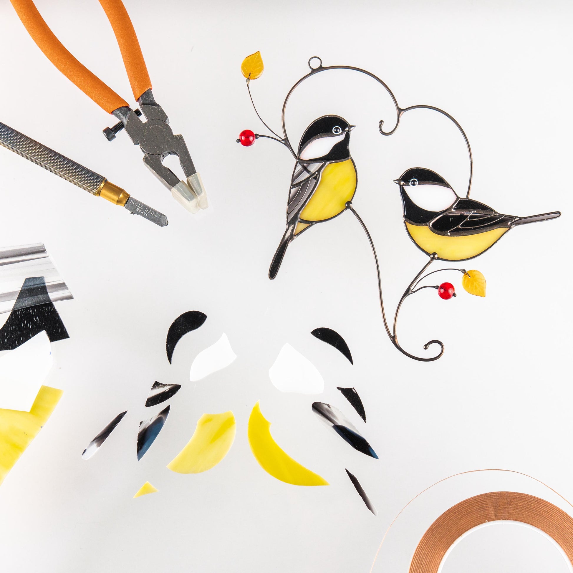 Couple of chickadees stained glass suncatcher Godmother gift Bird wall art - Image 10