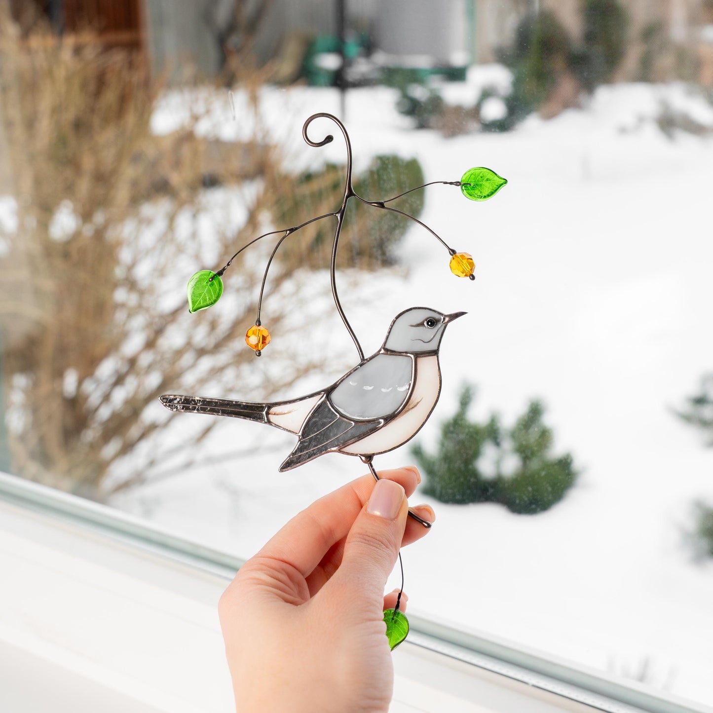 Custom stained glass bird Mockingbird Modern stained glass window hangings Northern mockingbird Stained glass yard art - Image 12