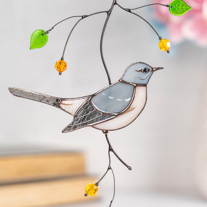 Custom stained glass bird Mockingbird Modern stained glass window hangings Northern mockingbird Stained glass yard art - Image 5