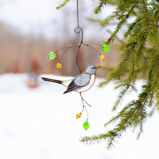 Custom stained glass bird Mockingbird Modern stained glass window hangings Northern mockingbird Stained glass yard art - Image 1