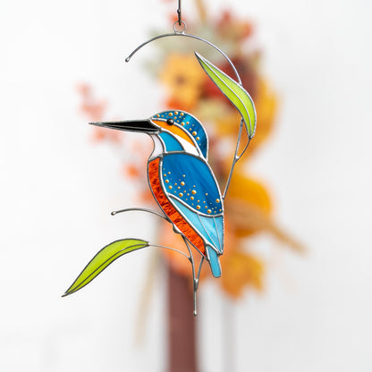 Kingfisher stained glass bird suncatcher Unique gift for mom Modern stained glass window hangings Kingfisher art - Image 14