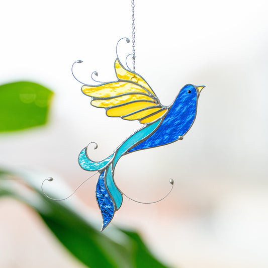 Ukraine stained glass bird suncatcher Ukrainian gifts Bird stained glass window hangings Glass bird ornaments Ukrainian flag - Image 1