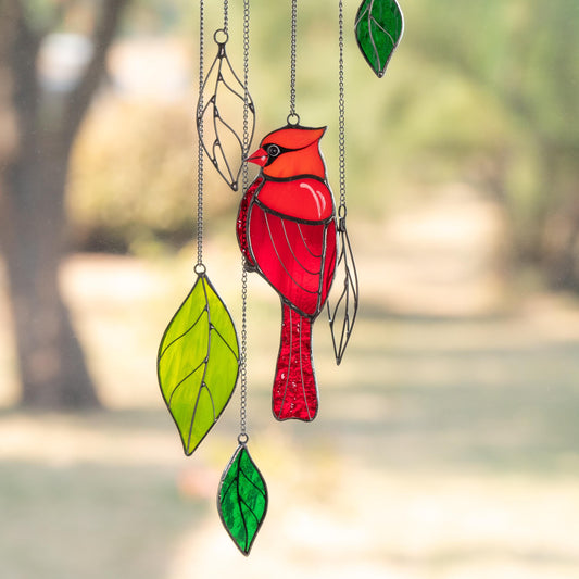 Stained glass cardinal sympathy gift wind chime Mother in law gifts Custom stained glass cardinal ornament Stained glass bird suncatcher - Image 1