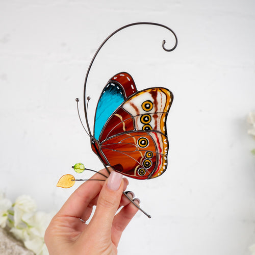 Stained glass butterfly garden art Mom gift Morpho butterfly Custom stained glass butterfly ornament Modern stained glass suncatcher - Image 1