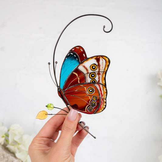 Stained glass butterfly garden art Mom gift Morpho butterfly Custom stained glass butterfly ornament Modern stained glass suncatcher - Image 1