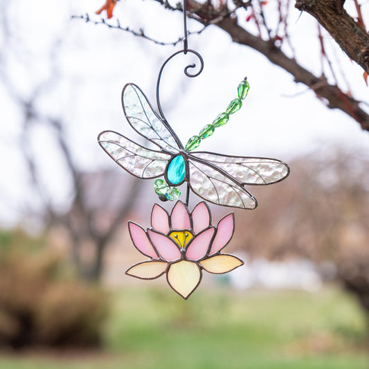 Modern stained glass dragonfly House warming gifts new home Custom stained glass lotus flower Dragonfly decor - Image 1