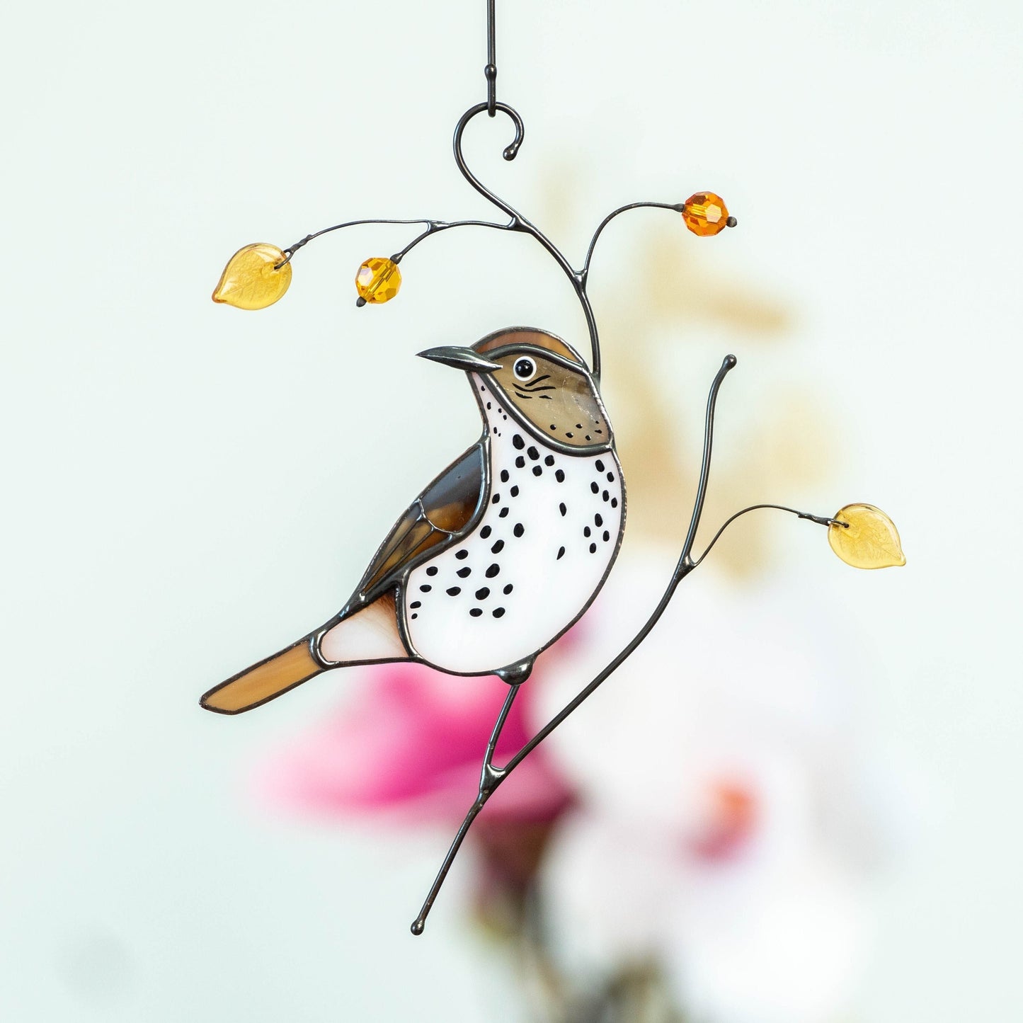 Bird artwork stained glass window hangings Wood Thrush Stained glass suncatcher Custom stained glass art - Image 1