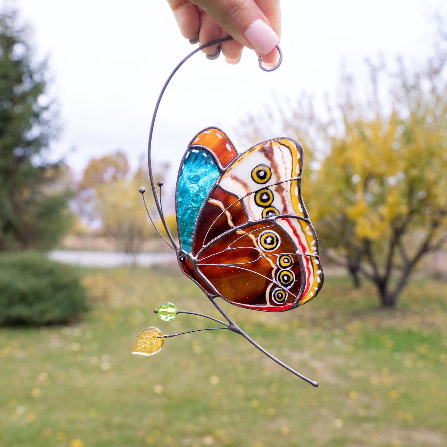 Morpho stained glass window hangings Godmother gift Custom stained glass butterfly ornament Fairy garden accessories - Image 1