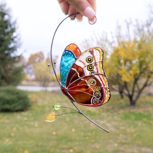 Morpho stained glass window hangings Godmother gift Custom stained glass butterfly ornament Fairy garden accessories - Image 1