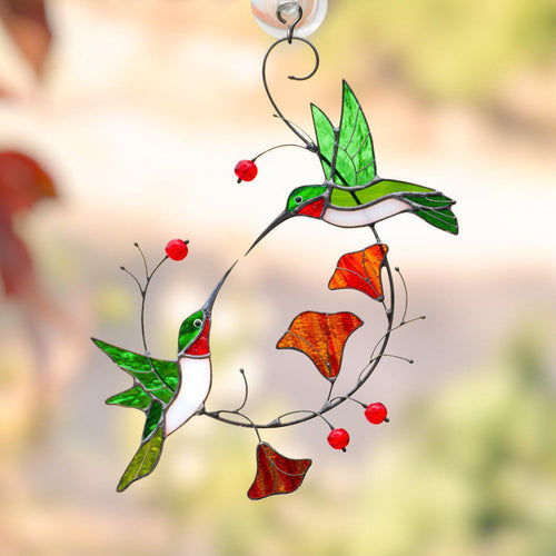 Hummingbird stained glass window hangings Gift for couple Custom stained glass bird suncatcher Great grandparent gift - Image 1