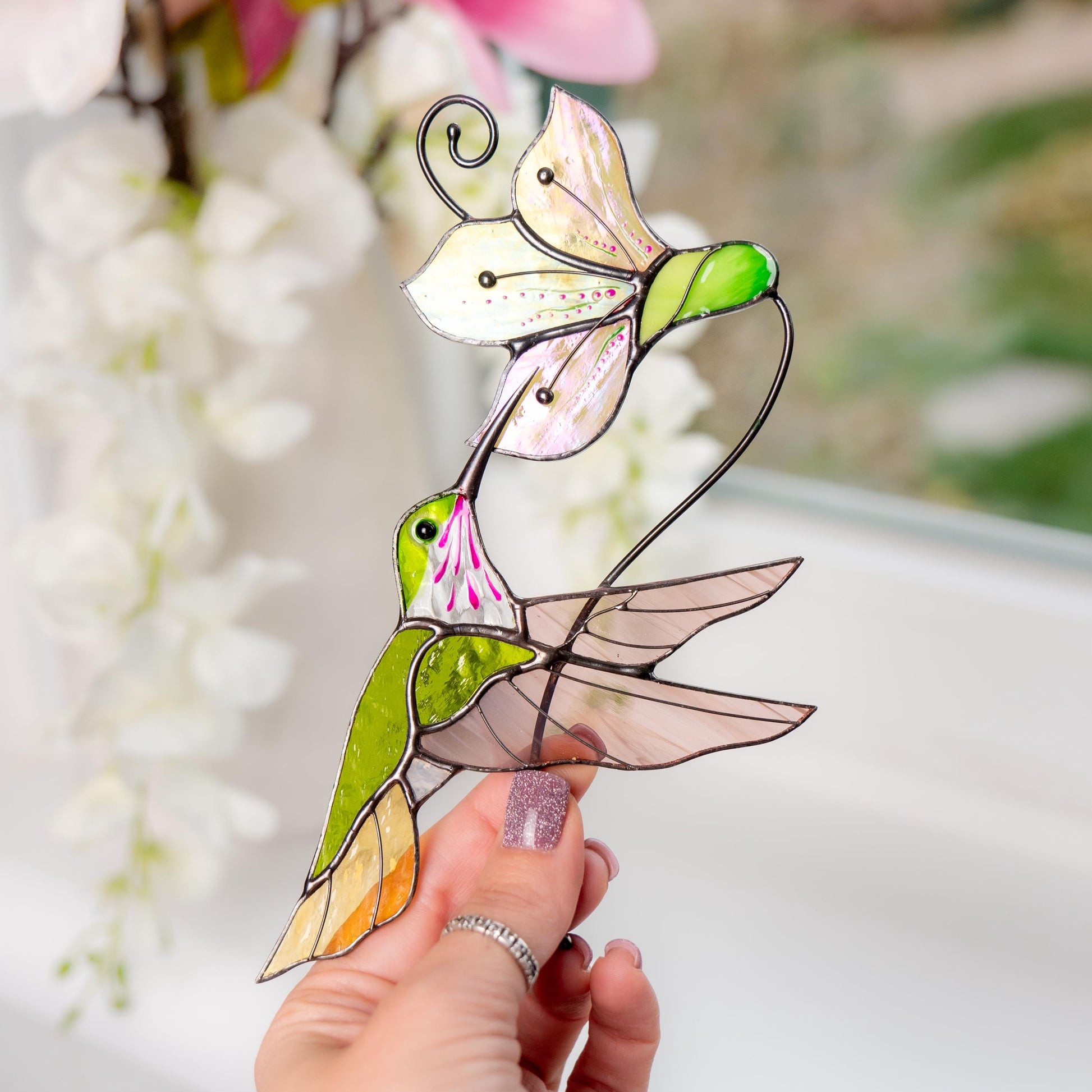 Hummingbird stained glass window hangings New mom gift Flower suncatcher House warming gifts new home Hummingbird stained glass suncatcher - Image 6