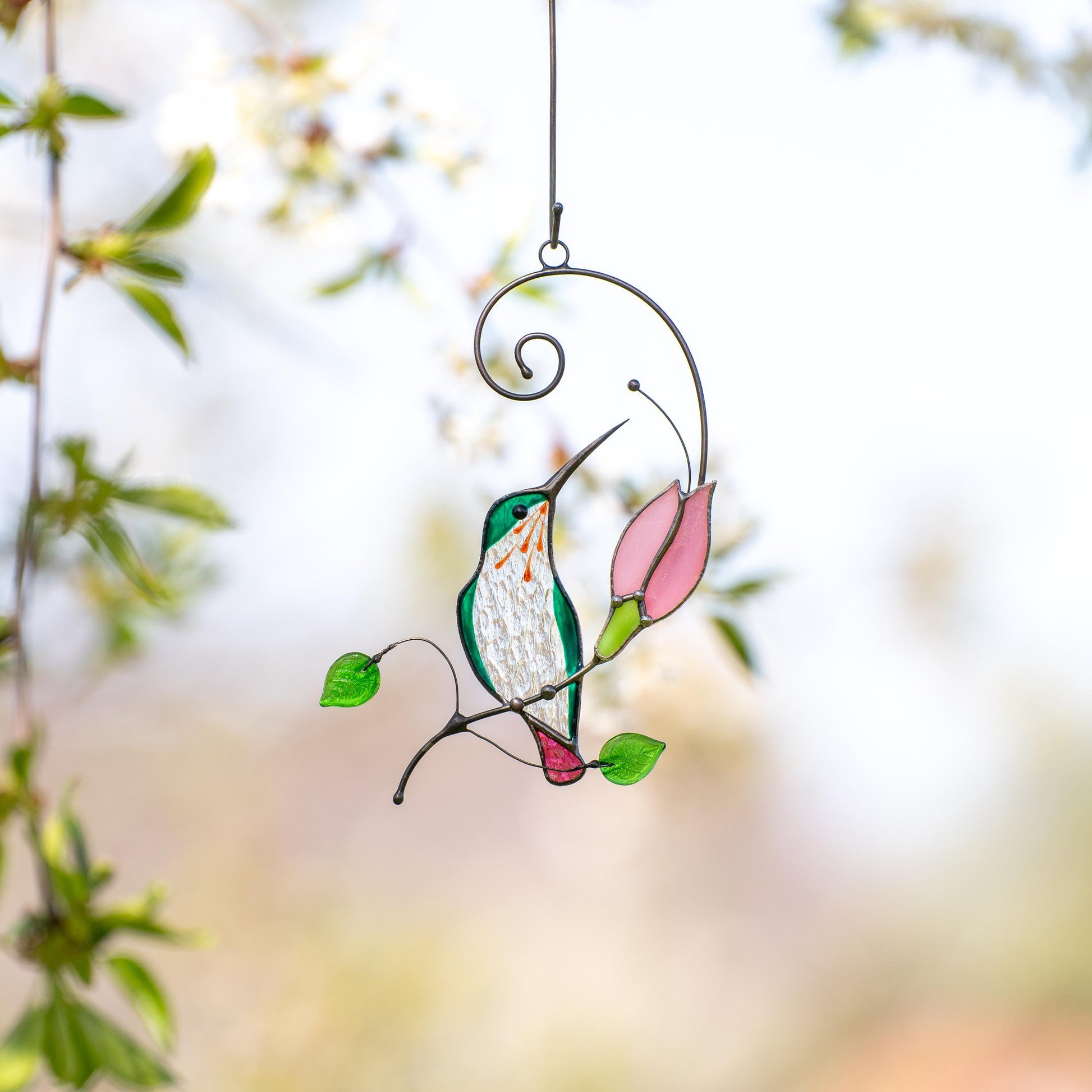 Stained glass window hangings Mother in law gift Handmade product Stained glass hummingbird suncatcher Flower suncatcher Bird lover gifts - Image 1