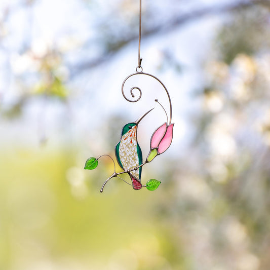 Stained glass hummingbird Godmother gift Stained glass window hangings Stained glass bird suncatcher Great grandma gift - Image 1
