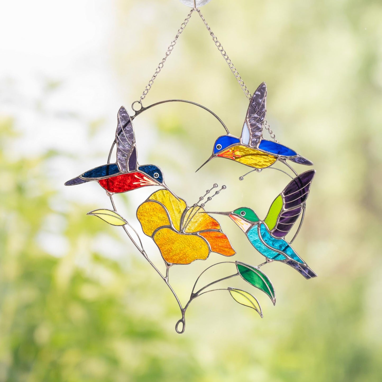 Stained glass hummingbird suncatcher Gifts for grandma Custom stained glass window hangings Hummingbird gifts Hibiscus plant - Image 6