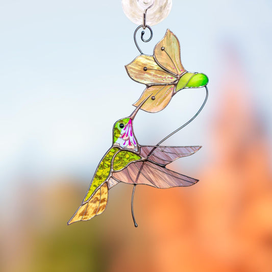 Hummingbird stained glass window hangings New mom gift Flower suncatcher House warming gifts new home Hummingbird stained glass suncatcher - Image 1