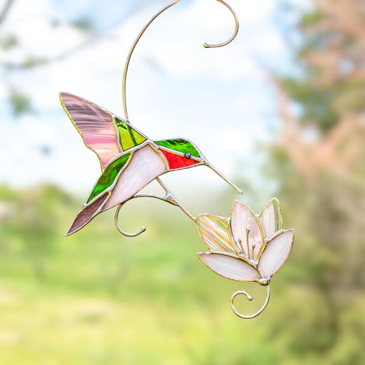 Hummingbird stained glass window hangings Unique gift for mom Custom stained glass bird ornament Flower suncatcher - Image 1