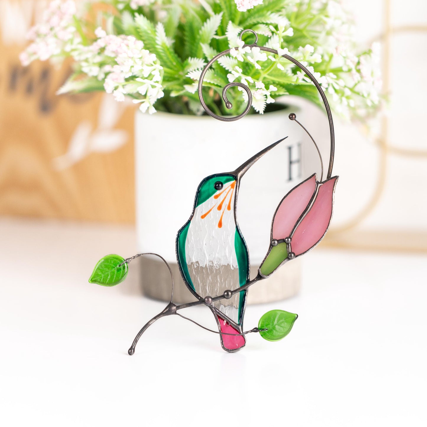 Hummingbird stained glass suncatcher, Pink flower window art gift for mom - Image 11