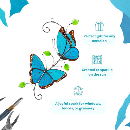 Blue Morpho butterfly stained glass window hangings Godmother gift Patio decor Yard art suncatcher - Image 9