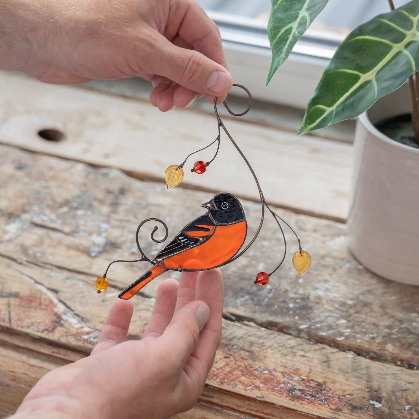 Baltimore oriole stained glass window hangings Bird suncatcher Garden art - Image 8
