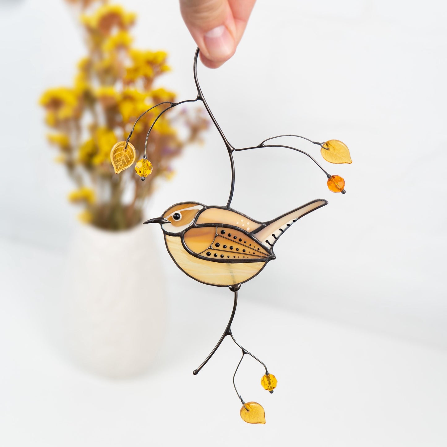 Carolina Wren stained glass window hangings Godmother gift Bird suncatcher - Image 13