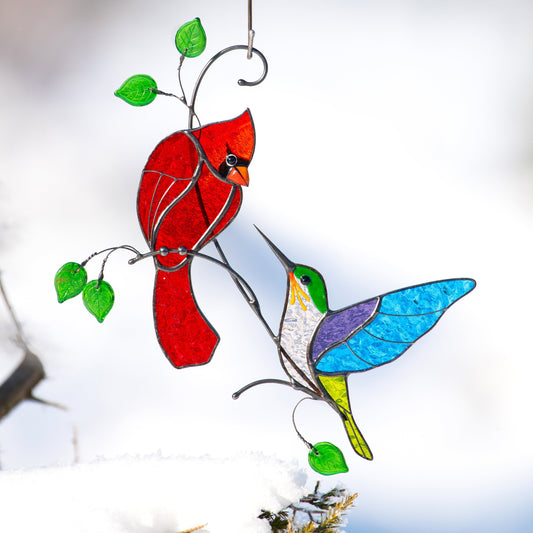 Stained glass cardinal suncatcher Mother in law gift Hummingbird stained glass window hangings Stained glass cardinal memorial ornament - Image 1