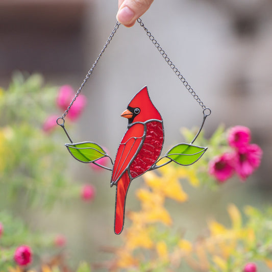 Stained glass cardinal bird Gift for dad Custom stained glass cardinal memorial ornament Stained glass window hangings Garden decoration - Image 1