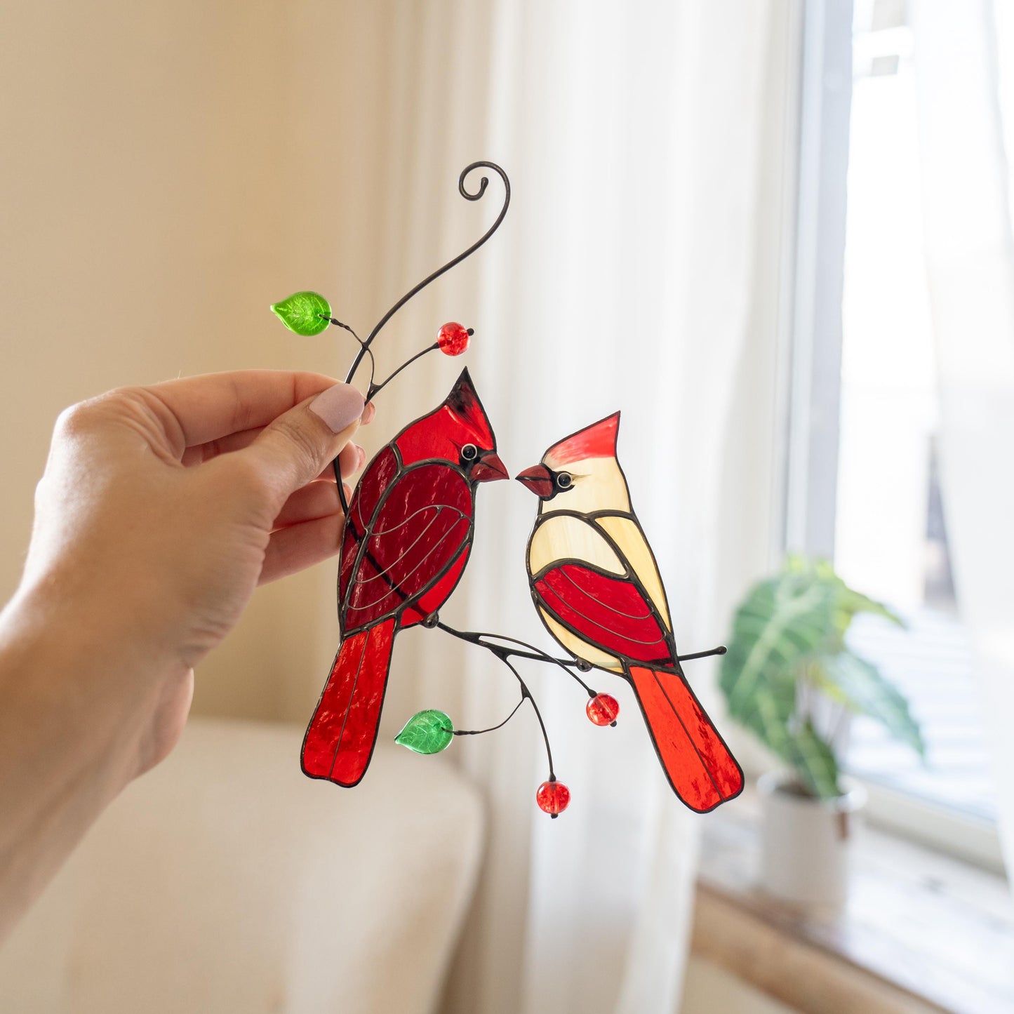Stained glass cardinal ornament Gifts for husband Cardinal stained glass window hangings Bird lover gifts Stained glass art - Image 9