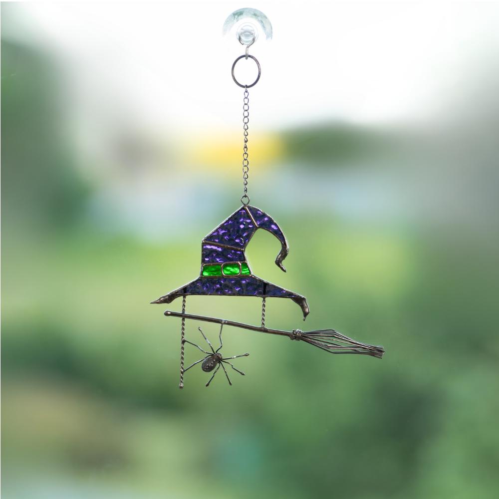 Stained glass witches broom Halloween spirit Custom stained glass window hangings Wizard hat Halloween stained glass web suncatchers - Image 1