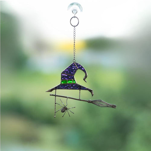 Stained glass witches broom Halloween spirit Custom stained glass window hangings Wizard hat Halloween stained glass web suncatchers - Image 1