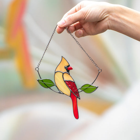 Cardinal bird stained glass window hangings Gifts for mom from daughter Custom stained glass bird suncatcher Cardinal memorial ornament - Image 1