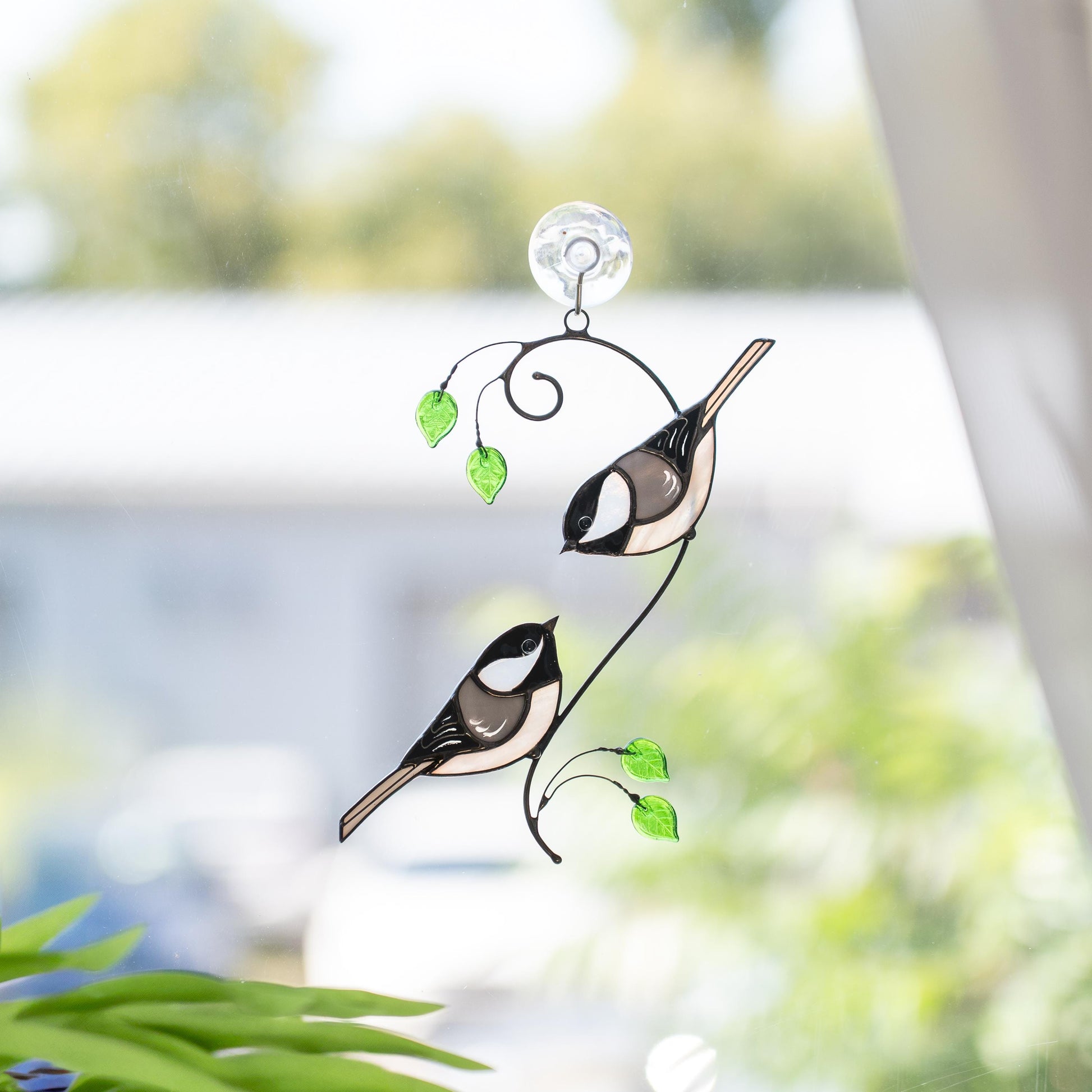 Stained glass birds suncatcher Best gift for mom Chickadee ornament window hangings - Image 1