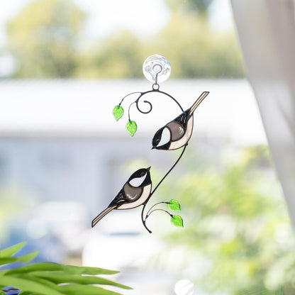 Stained glass birds suncatcher Best gift for mom Chickadee ornament window hangings - Image 1