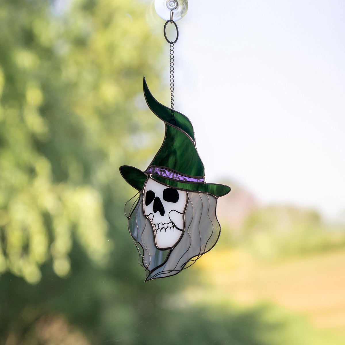 Stained glass witch suncatcher Witchy skull decor window hanging - Image 16