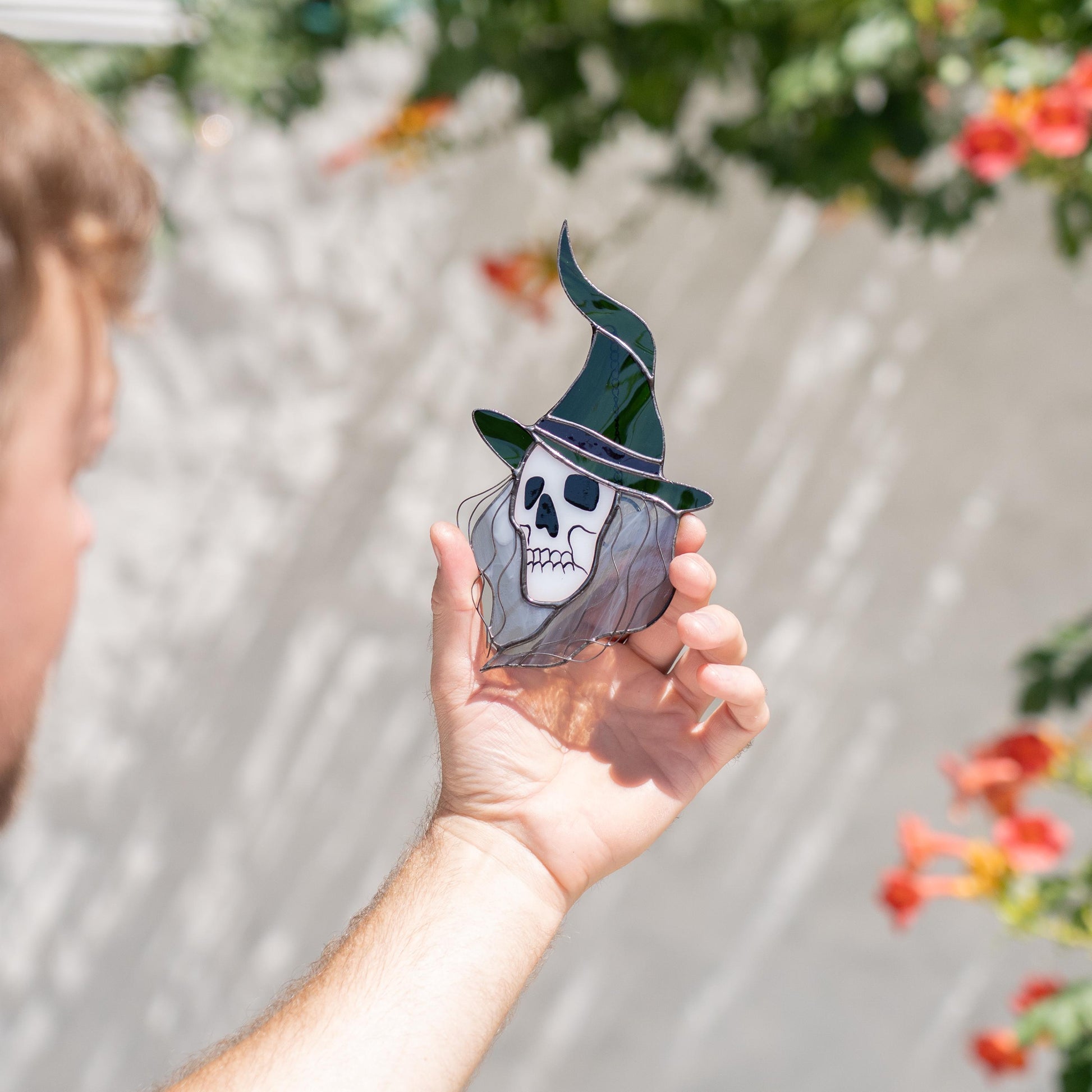 Stained glass witch suncatcher Witchy skull decor window hanging - Image 15