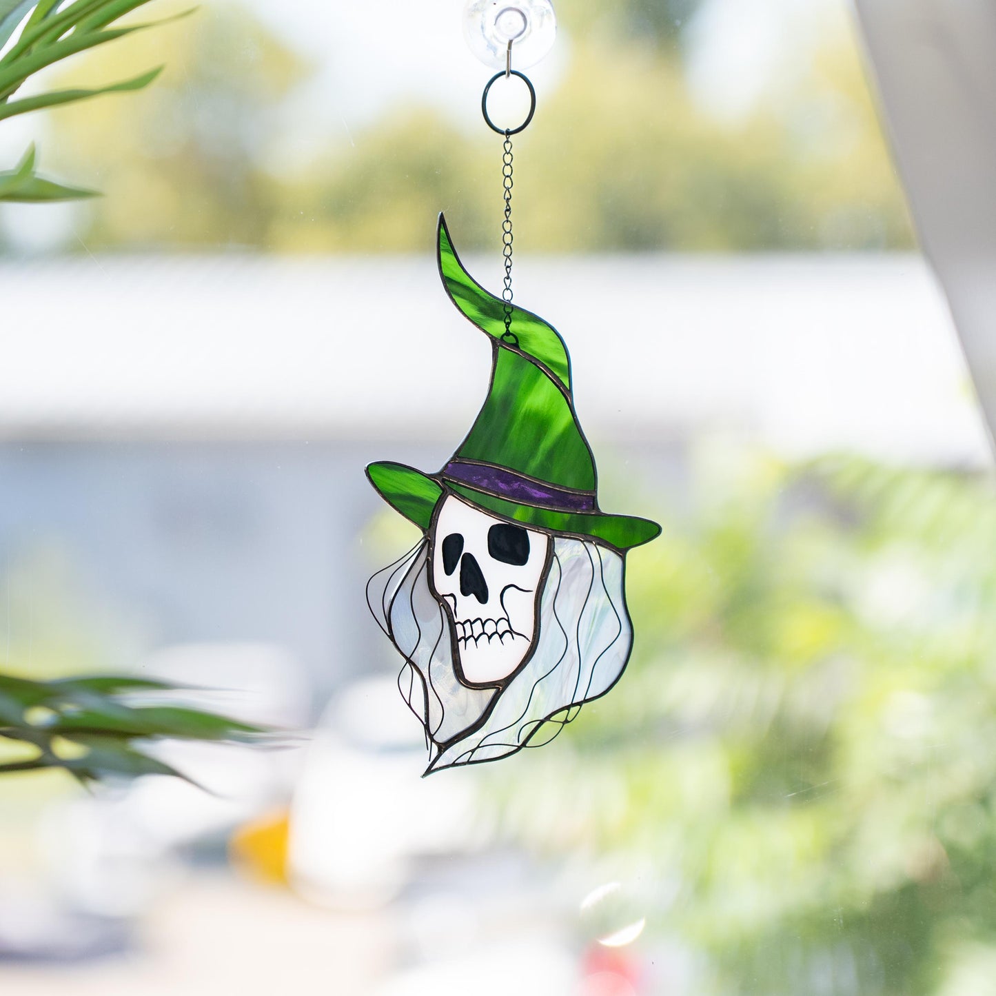 Stained glass witch suncatcher Witchy skull decor window hanging - Image 1