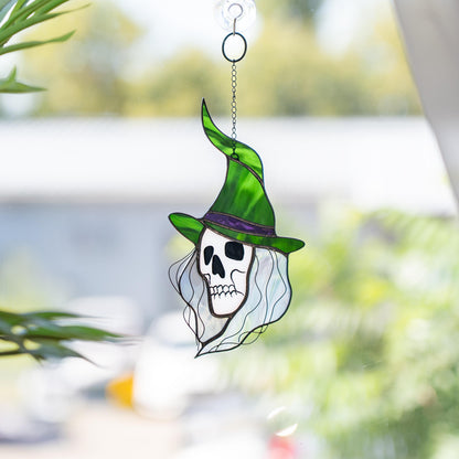 Stained glass witch suncatcher Witchy skull decor window hanging - Image 1